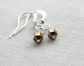 ON VACATION, Bohemian Petite Earrings Minimal Earrings Geometric Earrings Bronzed Hematite Stone Silver Earrings Tiny Hexagon