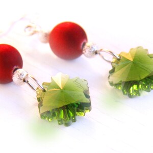 Red and Green Crystal Snowflake Earrings stocking stuffer Holiday party Earrings Sterling Silver