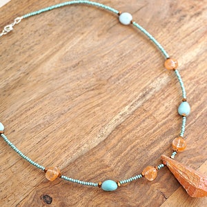 ON VACATION, Aura Quartz Point Raw Orange Crystal Necklace Crystal Point Amazonite Seafoam raw quartz jewelry statement necklace image 8