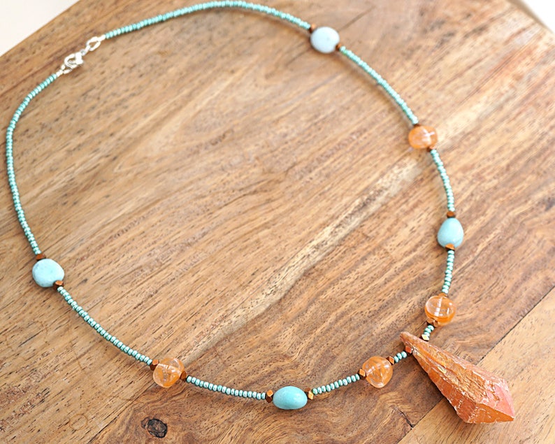 ON VACATION, Aura Quartz Point Raw Orange Crystal Necklace Crystal Point Amazonite Seafoam raw quartz jewelry statement necklace image 8