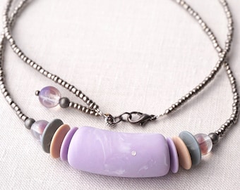 Geometric Necklace minimal necklace Retro Beaded Necklace Purple Peach Gray Necklace Matte Clay Glass Beads Pastel