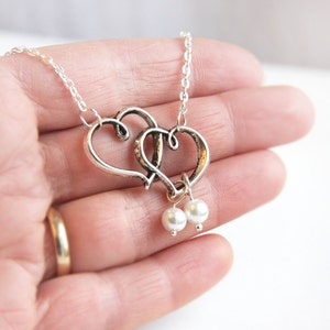 Two Hearts Necklace White Pearls Bridesmaid Gift Girlfriend Women's Gift Love You Custom gift for girlfriend wife