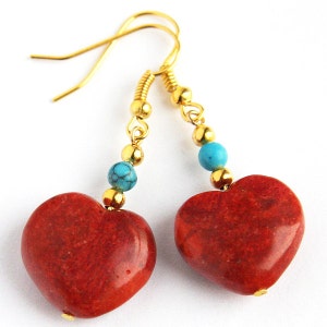 ON VACATION, Bohemian Red Heart Earrings Turquoise and Coral Earrings Red Sponge Coral Heart Turquoise Earrings Gold Earrings image 1