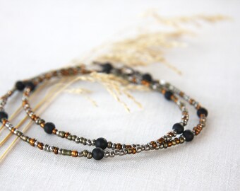 ON VACATION, Thin Boho Tribal Necklace dainty Black Stone Beads Modern Minimalist Simple Necklace Mixed Metal necklace men