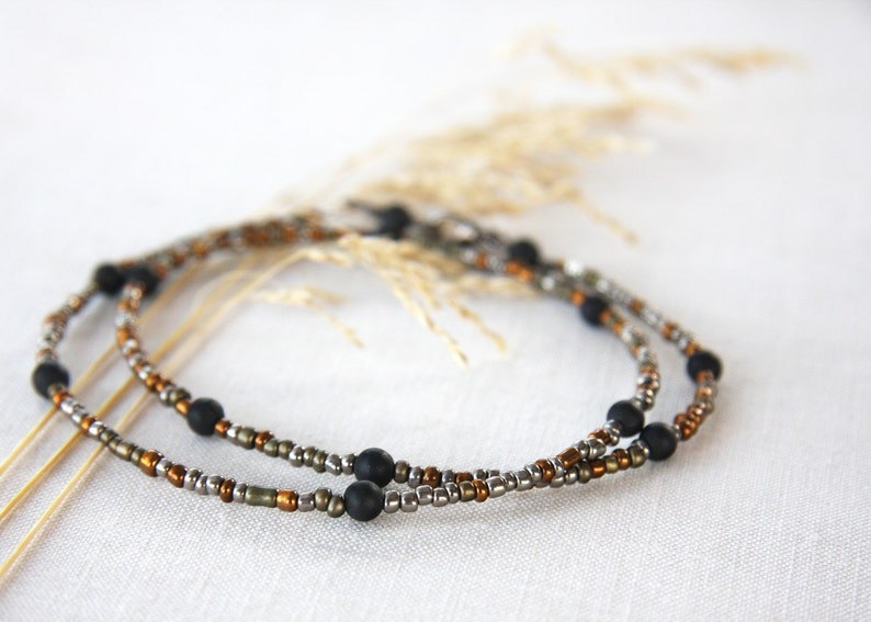 ON VACATION, Thin Boho Tribal Necklace dainty Black Stone Beads Modern Minimalist Simple Necklace Mixed Metal necklace men image 1