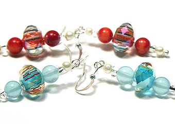 ON VACATION, Striped Faceted Lampwork Glass Earrings, Blue Larimar or Red Coral, Sterling Silver, Colorful Beaded Earrings