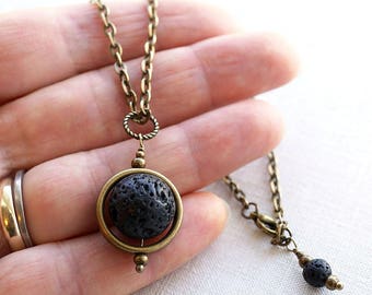 Essential Oil Diffuser Necklace Raw Stone Black Lava Necklace Planet Moon Men Necklace Ethnic Tribal Aromatherapy