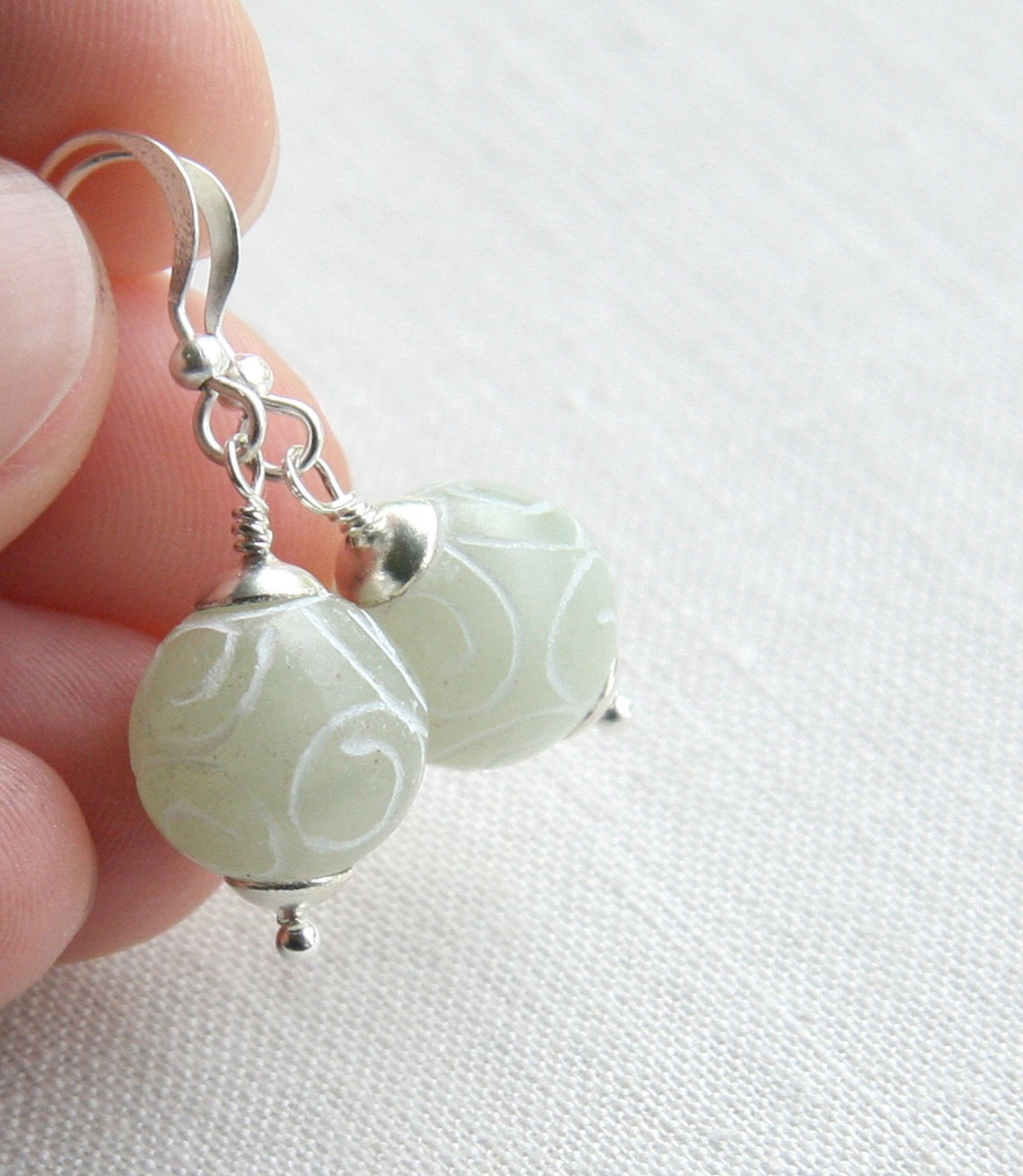 Light Green Jade Earrings Carved Stone Sterling Silver Etsy