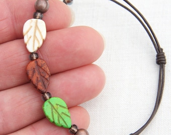 Minimal Bracelet Woodland Leaf Boho Leather Bracelet White Green Brown Nature personalized garden gift for gardener