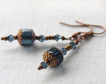 ON VACATION, Magical Blue Lantern Earrings Czech Vintage Bead Dusty Blue Gray Crystals Tiny Copper Bead Oriental Mysterious