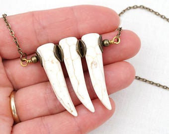 ON VACATION, Boho Tooth Necklace White Tusk Horn Outdoors Gift Bohemian Long Antique Native American Rustic Hunt Ethnic Tribal