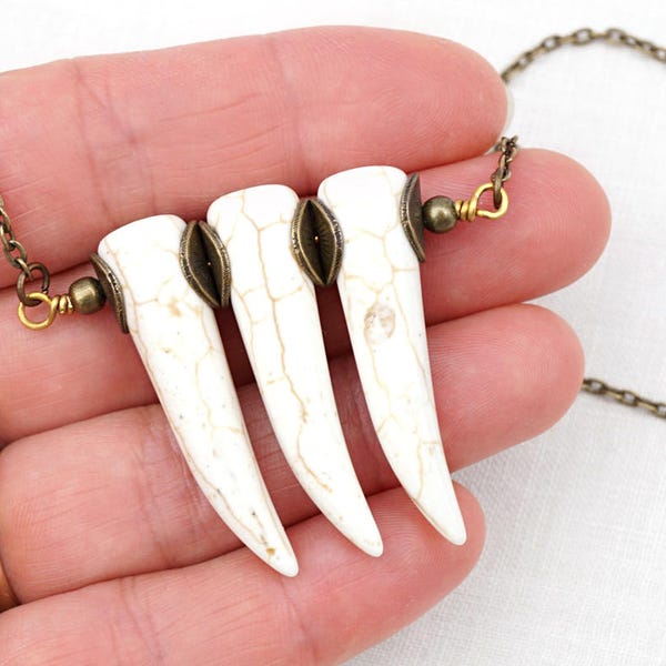 ON VACATION, Boho Tooth Necklace White Tusk Horn Outdoors Gift Bohemian Long Antique Native American Rustic Hunt Ethnic Tribal