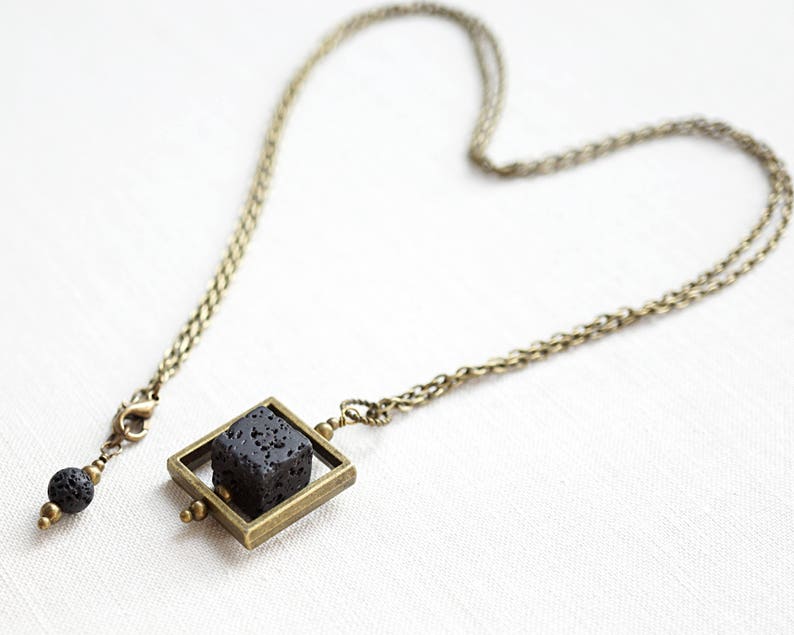 ON VACATION, Raw Stone Necklace Essential Oil Diffuser Necklace Big Cube Square Frame Raw Stone Black Lava Stone Necklace Mens image 10