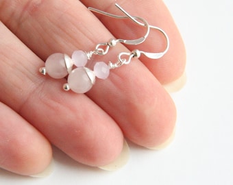 ON VACATION, Blush Pink Earrings Minimal Faceted Pink Opal Earrings Tiny Rose Quartz Earrings Sterling Silver Simple Minimal