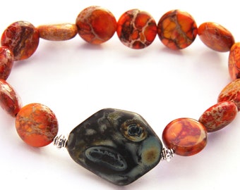 ON VACATION, Sea Sediment Jasper Bracelet, Red Orange Natural Stone Bracelet, Boho Chic Bracelet, Sterling Silver Beads, gemstone