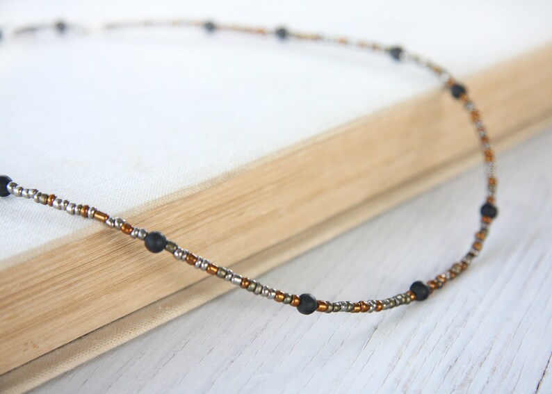 ON VACATION, Thin Boho Tribal Necklace dainty Black Stone Beads Modern Minimalist Simple Necklace Mixed Metal necklace men image 3