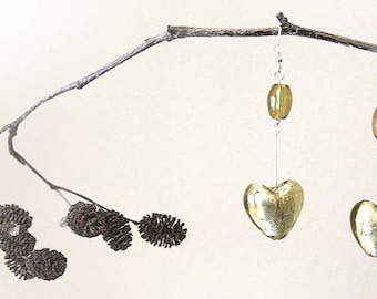ON VACATION, Olive Green Heart Earrings, Fancy Silver Leaf Lampwork Glass Earrings,  Sterling Silver, Nature Inspired Jewelry