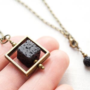 ON VACATION, Raw Stone Necklace Essential Oil Diffuser Necklace Big Cube Square Frame Raw Stone Black Lava Stone Necklace Mens image 1