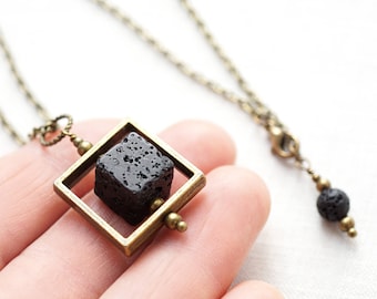 Raw Stone Necklace Essential Oil Diffuser Necklace Big Cube Square Frame Raw Stone Black Lava Stone Necklace Mens