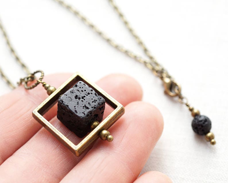 ON VACATION, Raw Stone Necklace Essential Oil Diffuser Necklace Big Cube Square Frame Raw Stone Black Lava Stone Necklace Mens image 1