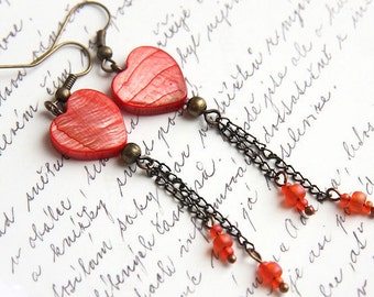 ON VACATION, Red Heart Earrings Mother of Pearl Earrings Antique Bronze Chain Dangle Earrings Steampunk Vintage Style