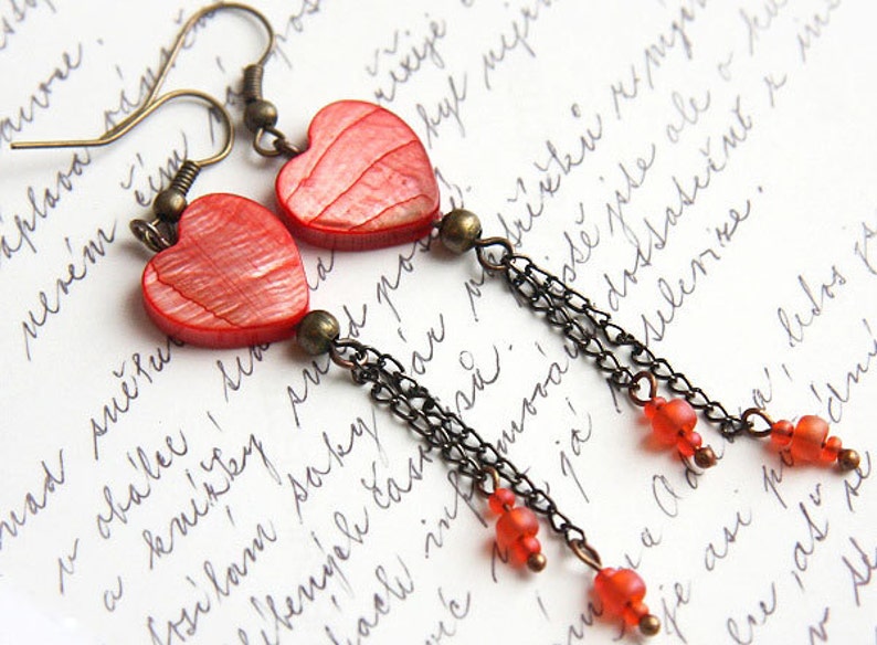 ON VACATION, Red Heart Earrings Mother of Pearl Earrings Antique Bronze Chain Dangle Earrings Steampunk Vintage Style image 1