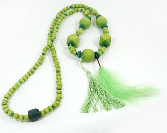 ON VACATION, St Patrick's Day Necklace, Long Tassel Feather Necklace, Green Geometric Wooden Beads, Bohemian Hippie Tribal