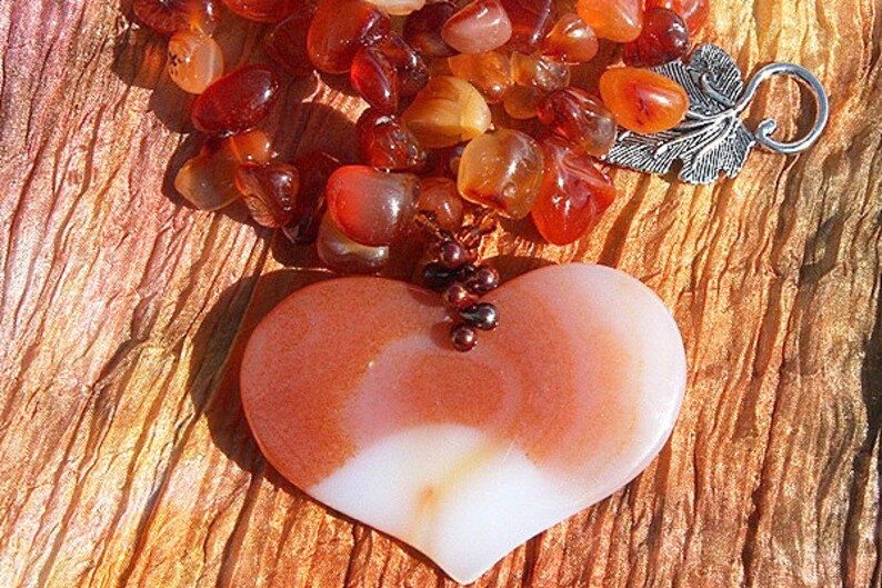 Large Carnelian Heart Necklace, Genuine Gemstone, Statement Luxury Jewelry, Natural Stone Burnt orange image 4