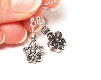 ON VACATION, Boho Minimal Earrings Tiny Flower Silver Earrings Petite Earrings Cute Mini Earnings Dangle Earrings custom