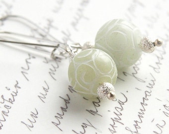 ON VACATION, Light Green Jade Earrings Carved Stone Sterling Silver Earrings Romantic Lace Pattern Fall Fasion Dangle Earrings