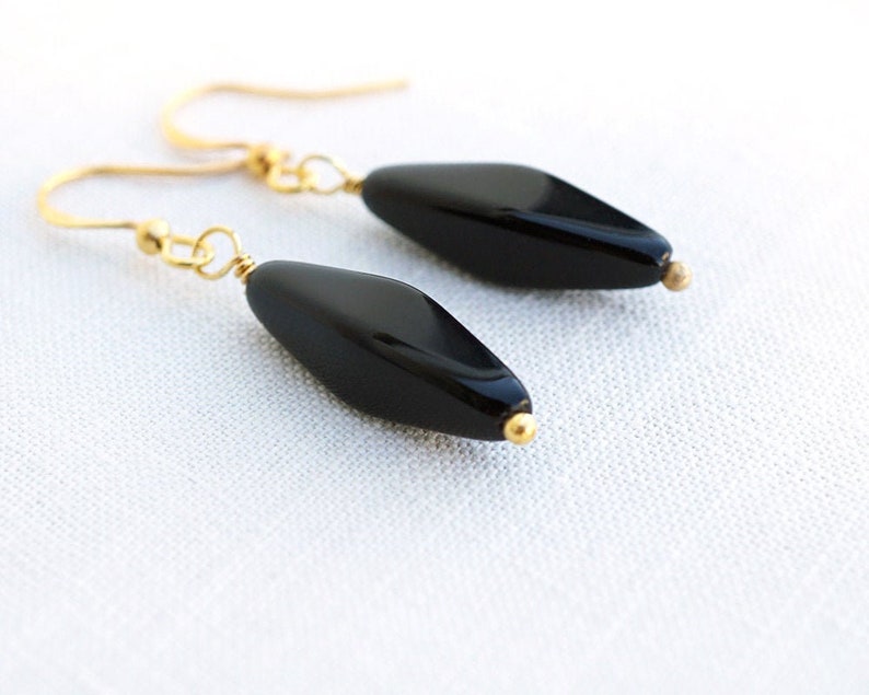 ON VACATION, Simple Black Earrings Long Black Bead Modern Black Glass Earrings Geometric Minimalist Gold Earrings Black Drop image 1
