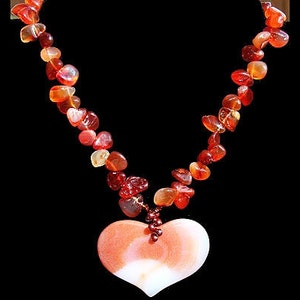 Large Carnelian Heart Necklace, Genuine Gemstone, Statement Luxury Jewelry, Natural Stone Burnt orange image 1