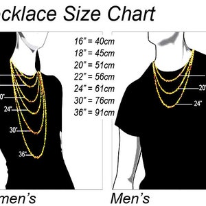 May include: A necklace size chart with measurements in inches and centimeters. The chart shows necklace lengths from 16 inches (40cm) to 36 inches (91cm) on both a woman and a man. The text "Necklace Size Chart" is at the top.