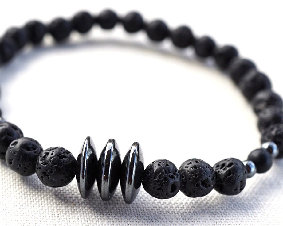 Raw Stone Bracelet  Power Lava Bracelet Tech Men Bracelet Santorini Black Lava Stone Hematite Natural Stone Bracelet