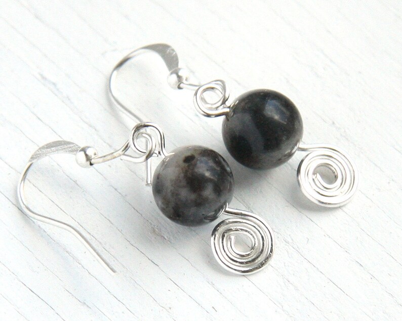 ON VACATION, Natural Jasper Stone Earrings Simple Minimal Black Gray Beige Wire Wrapped Spiral Earrings Sterling Silver image 4