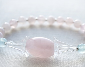 ON VACATION, Rose Quartz and Aquamarine Bracelet Blue Pink Gemstone Sterling Silver