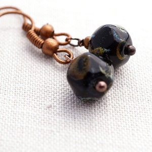 ON VACATION, Glass Earrings Dark Picasso Bead Earrings Small Czech Glass Bead Earrings Antique Copper Tiny Minimalist Jewelry image 2