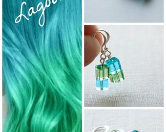 ON VACATION, Two Tone Earrings Blue Lagoon Earrings Girlfriend for woman friend Geometric Cube Earrings Aqua Blue mint Green