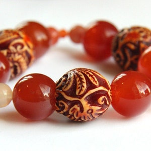 ON VACATION, Boho Big Chunky Carnelian Bracelet Tribal Bracelet Large Dragon Phoenix Resin Beads Statement Earthy Red Burnt orange image 1