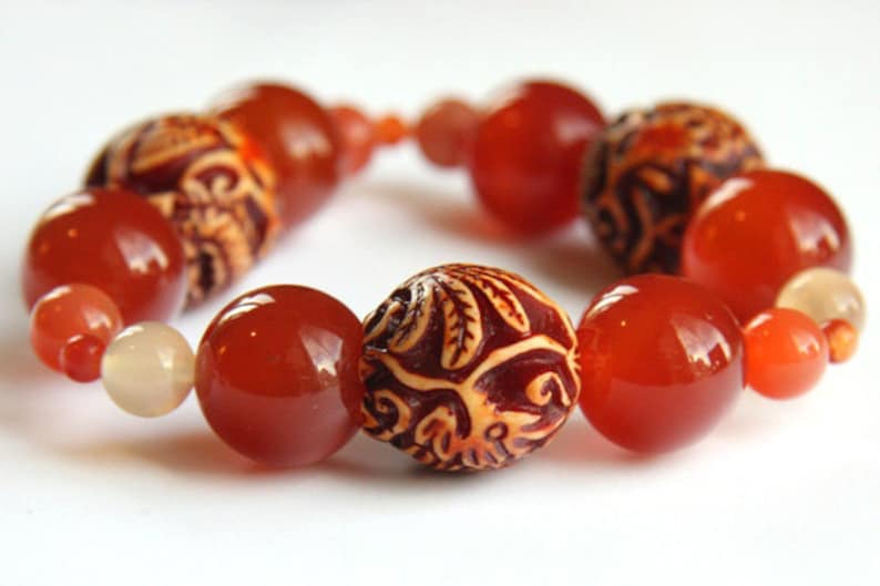 ON VACATION, Boho Big Chunky Carnelian Bracelet Tribal Bracelet Large Dragon Phoenix Resin Beads Statement Earthy Red Burnt orange image 1