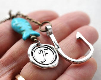 ON VACATION, Gone Fishing Personalized Keychain, Initial Wax Seal Charm, White stone or Blue Turquoise fish, Gift for man