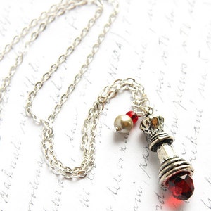 ON VACATION, Silver Chain Necklace Chess Queen Pendant Red Quartz Crystal Wire Wrapped Pearl Charm Antique Silver Chess Piece