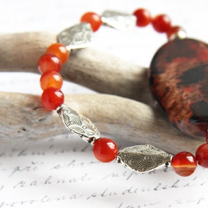 Agate Slice Bracelet Orange Brown Stone Bracelet Gemstone Carnelian Bracelet Silver Diamond Beaded Bohemian