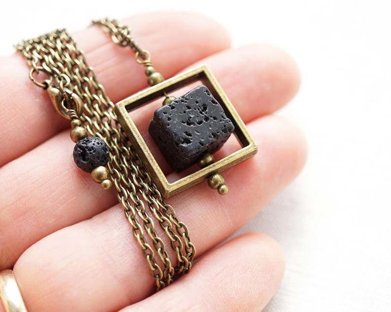 ON VACATION, Raw Stone Necklace Essential Oil Diffuser Necklace Big Cube Square Frame Raw Stone Black Lava Stone Necklace Mens image 9