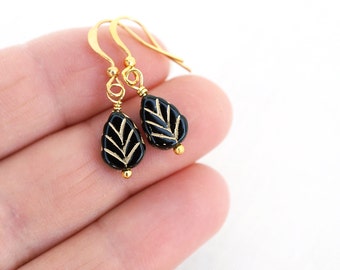 ON VACATION, Boho Tiny Leaf Black Earrings Black Bead Earrings Black Glass Earrings Black Dangle Earrings Gold Earrings Drop