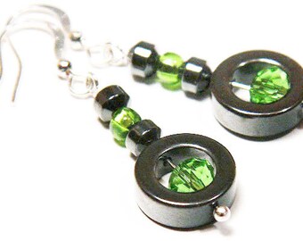 ON VACATION, Minimal Sterling Silver Earrings St. Patrick's Day Gift Hematite Circle Green Peridot Swarovski Crystal Earrings