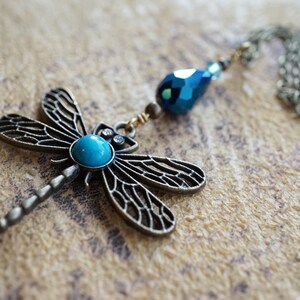 ON VACATION, Boho Dragonfly Necklace Blue Turquoise Peacock Crystal Drop Necklace Large Pendant Long Antique Brass Chain Bohemian image 4