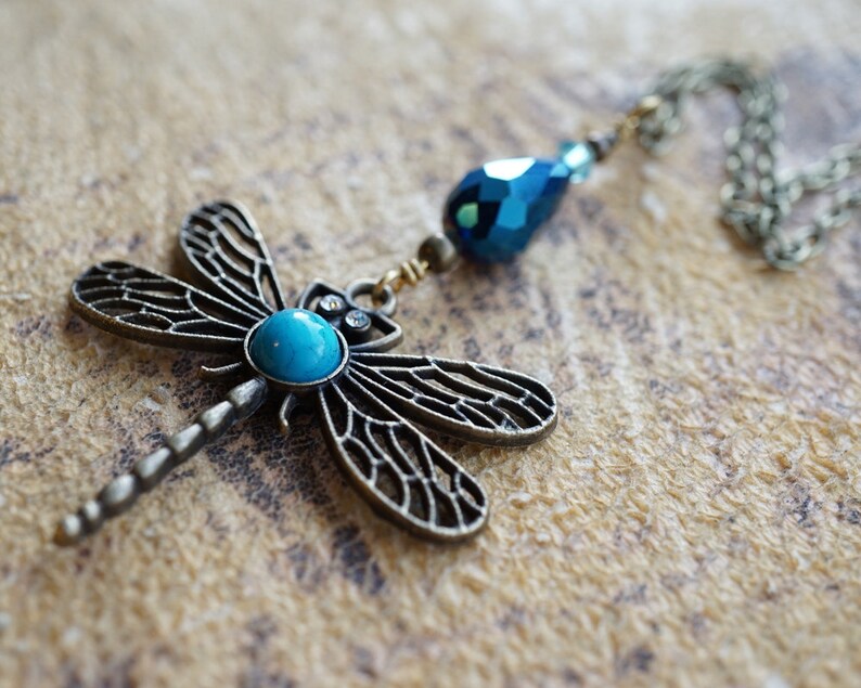 ON VACATION, Boho Dragonfly Necklace Blue Turquoise Peacock Crystal Drop Necklace Large Pendant Long Antique Brass Chain Bohemian image 4