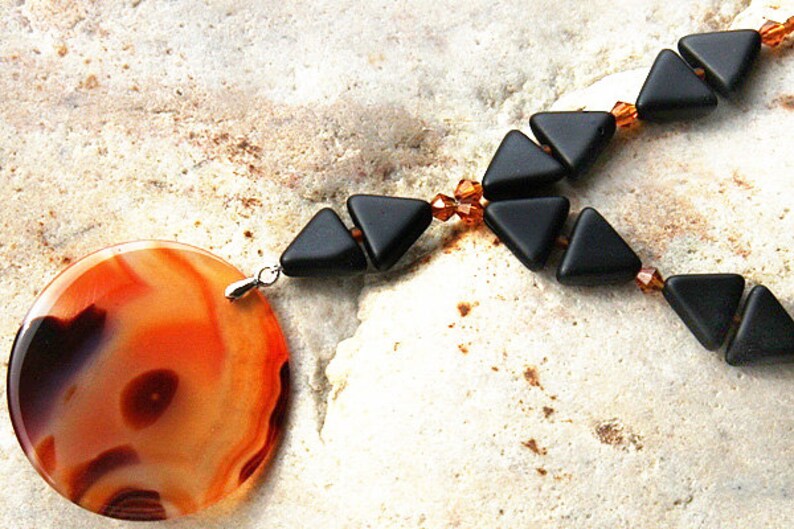 Large Flaming Agate Necklace, Thin Orange Stone Pendant, Black Geometric Necklace, Statement Unique Artisan Necklace image 2