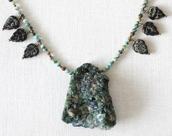 ON VACATION, Raw Emerald Druzy Necklace Large Green Beryl Stone Crystal Rock Pendant Petite Wild African Turquoise for women